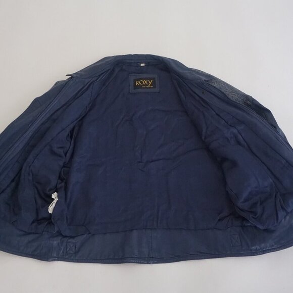 Vintage Roxy Collection Blue 100% Leather Zip Up Bomber Jacket 8 - Picture 15 of 16